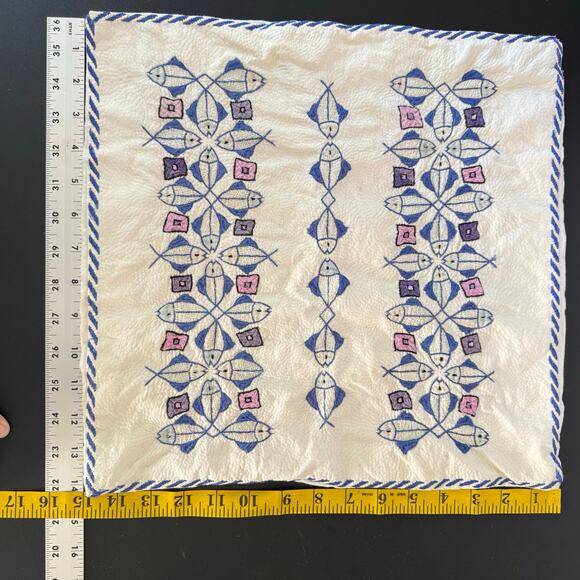Vintage Cross Stitch Embroidered Fish Pillow Case Square 15X15" Handmade Beach - Picture 8 of 8